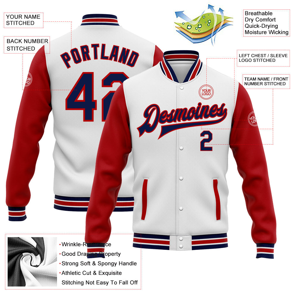 Custom White Navy-Red Bomber Full-Snap Varsity Letterman Two Tone Jacket view 5