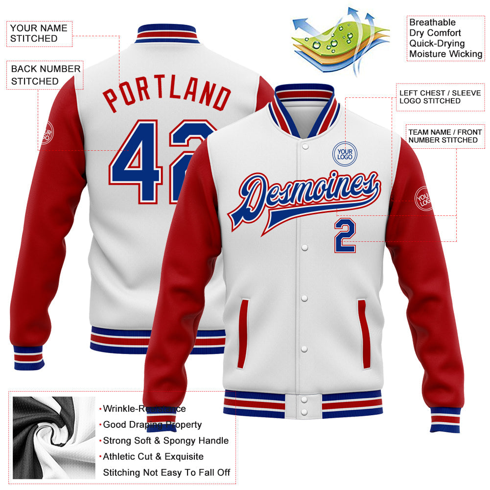 Custom White Royal-Red Bomber Full-Snap Varsity Letterman Two Tone Jacket view 5
