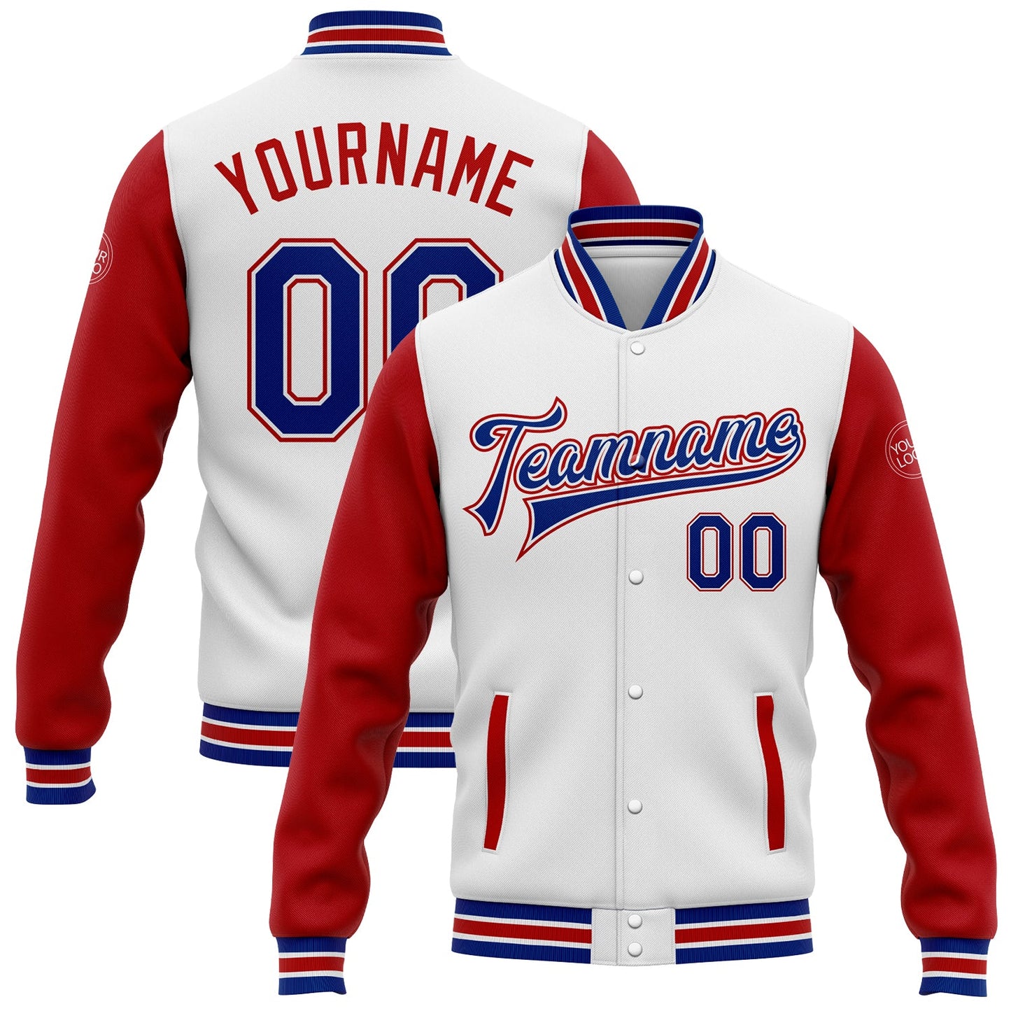 Custom White Royal-Red Bomber Full-Snap Varsity Letterman Two Tone Jacket - Main View