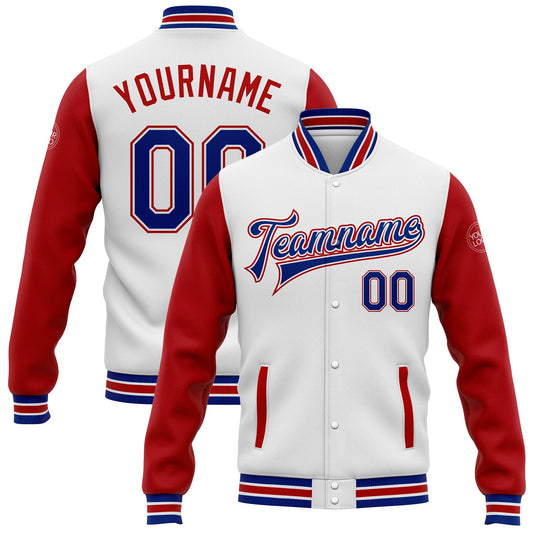 Custom White Royal-Red Bomber Full-Snap Varsity Letterman Two Tone Jacket - Main View