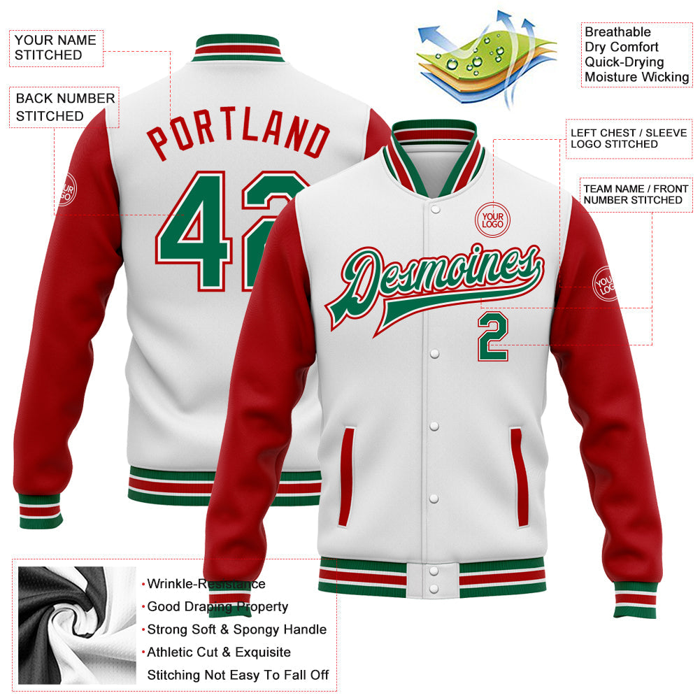 Custom White Kelly Green-Red Bomber Full-Snap Varsity Letterman Two Tone Jacket view 5