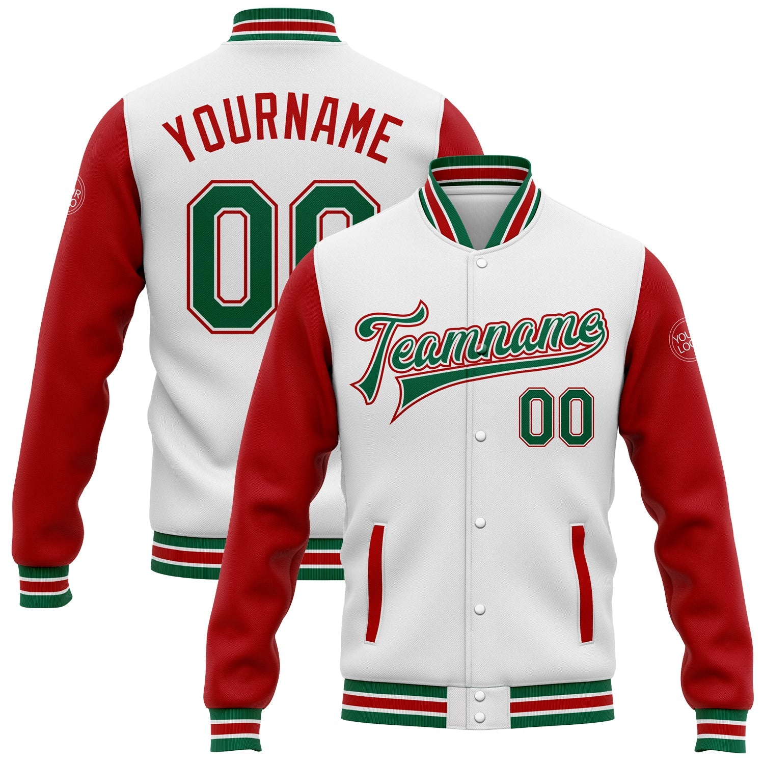 Custom White Kelly Green-Red Bomber Full-Snap Varsity Letterman Two Tone Jacket - Main View