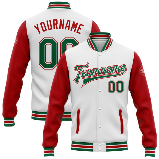 Custom White Kelly Green-Red Bomber Full-Snap Varsity Letterman Two Tone Jacket - Main View