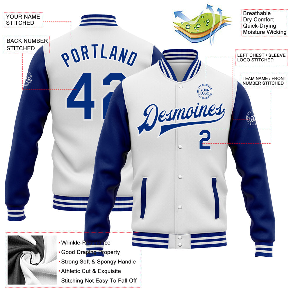 Custom White Royal Bomber Full-Snap Varsity Letterman Two Tone Jacket view 5