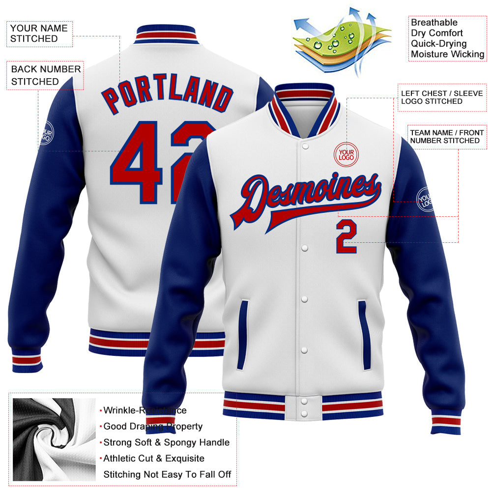 Custom White Red-Royal Bomber Full-Snap Varsity Letterman Two Tone Jacket view 5
