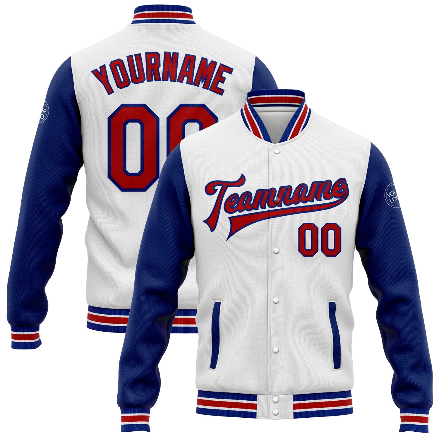 Custom White Red-Royal Bomber Full-Snap Varsity Letterman Two Tone Jacket - Main View