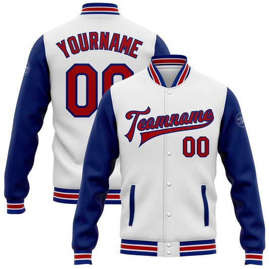 Custom White Red-Royal Bomber Full-Snap Varsity Letterman Two Tone Jacket - Main View