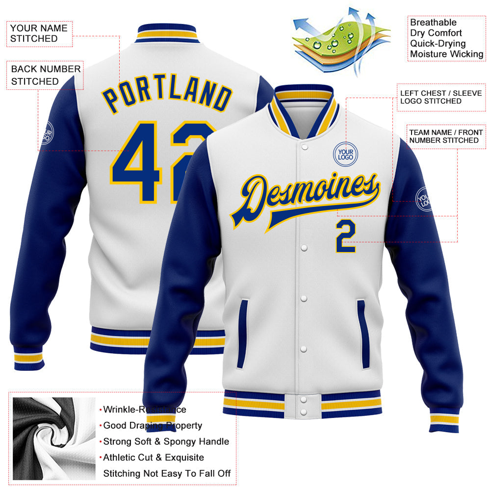 Custom White Royal-Yellow Bomber Full-Snap Varsity Letterman Two Tone Jacket view 5