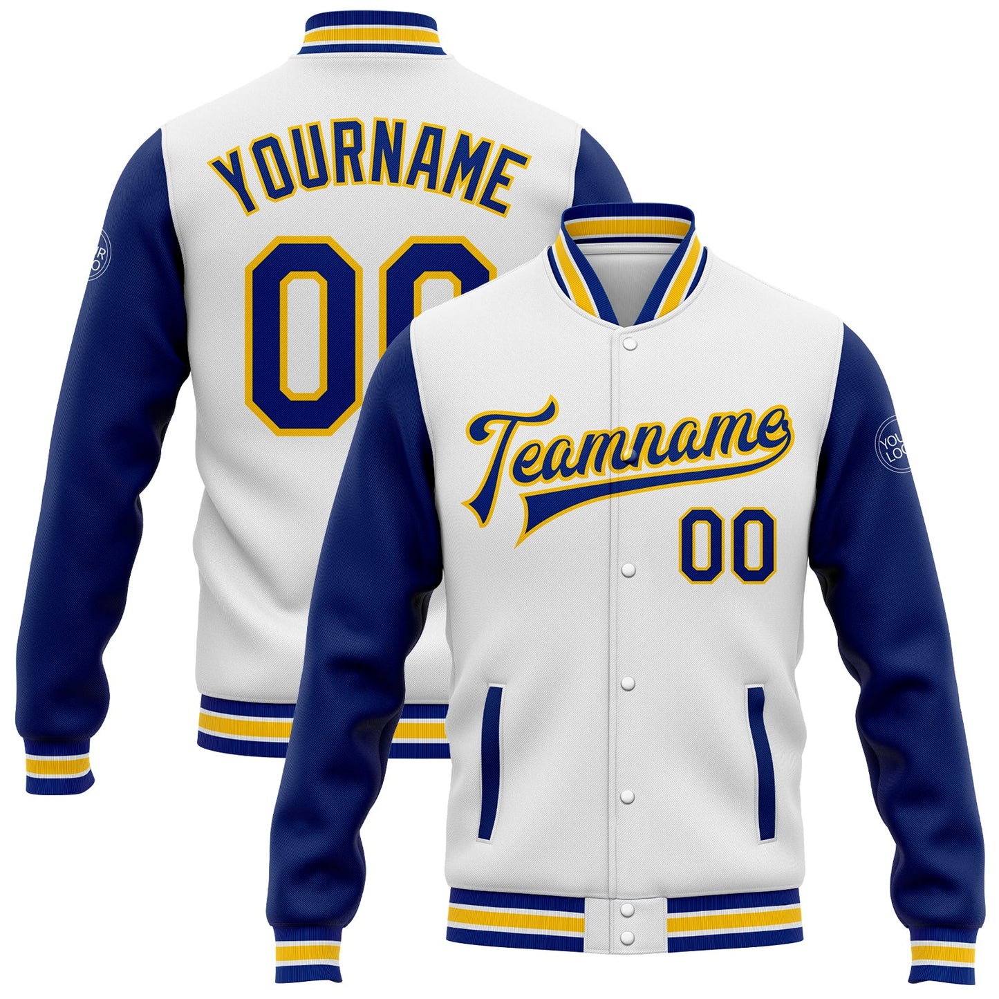 Custom White Royal-Yellow Bomber Full-Snap Varsity Letterman Two Tone Jacket - Main View