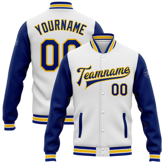 Custom White Royal-Yellow Bomber Full-Snap Varsity Letterman Two Tone Jacket - Main View