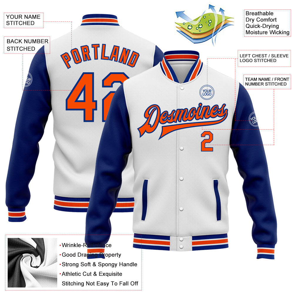 Custom White Orange-Royal Bomber Full-Snap Varsity Letterman Two Tone Jacket view 5
