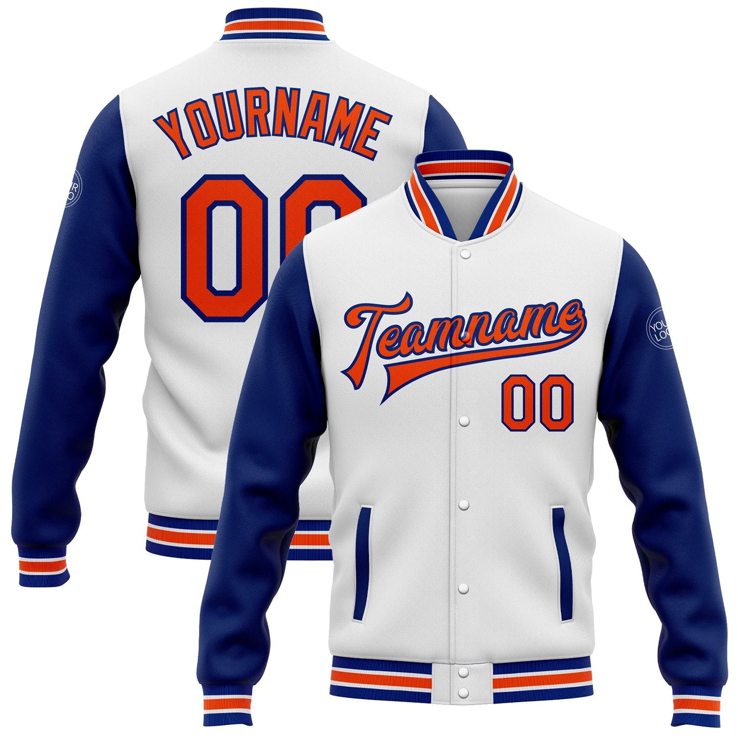 Custom White Orange-Royal Bomber Full-Snap Varsity Letterman Two Tone Jacket - Main View