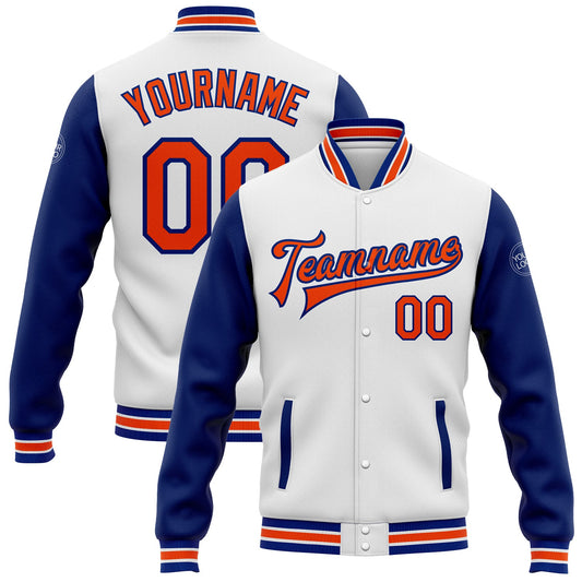 Custom White Orange-Royal Bomber Full-Snap Varsity Letterman Two Tone Jacket - Main View