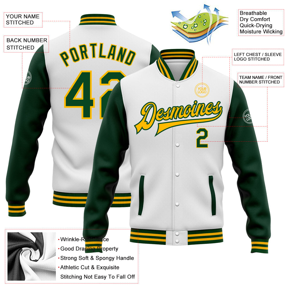 Custom White Green-Gold Bomber Full-Snap Varsity Letterman Two Tone Jacket view 5