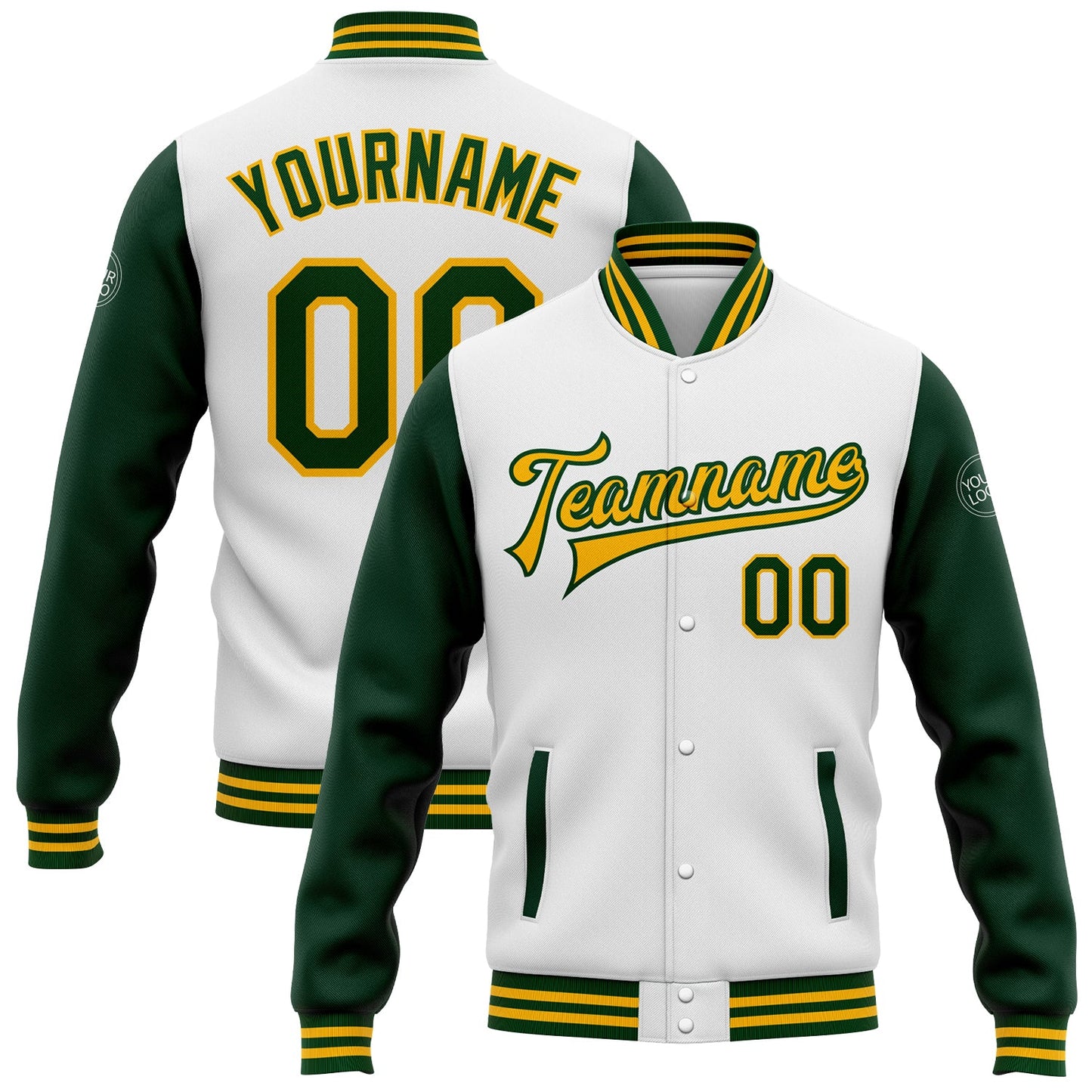 Custom White Green-Gold Bomber Full-Snap Varsity Letterman Two Tone Jacket - Main View