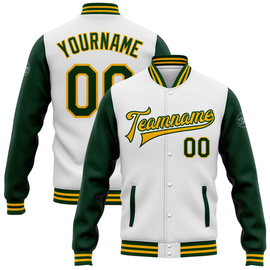 Custom White Green-Gold Bomber Full-Snap Varsity Letterman Two Tone Jacket - Main View