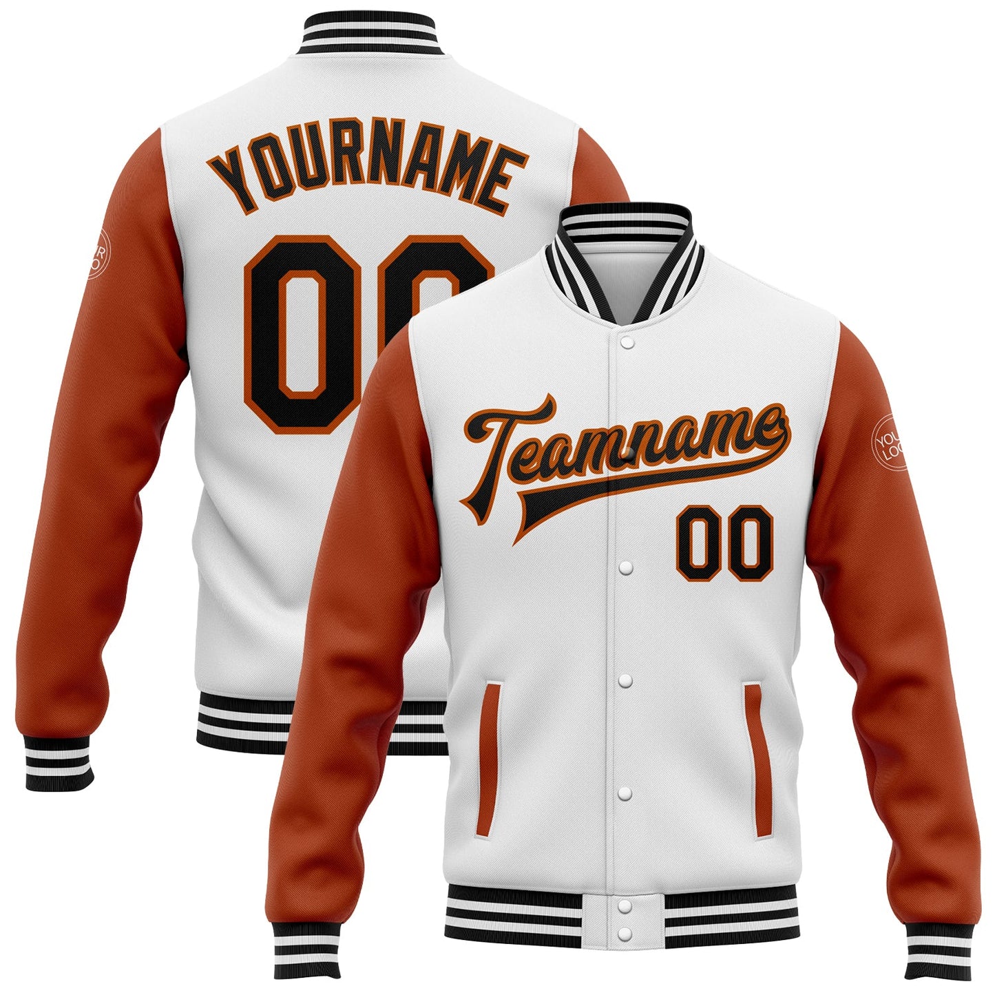 Custom White Black-Texas Orange Bomber Full-Snap Varsity Letterman Two Tone Jacket - Main View