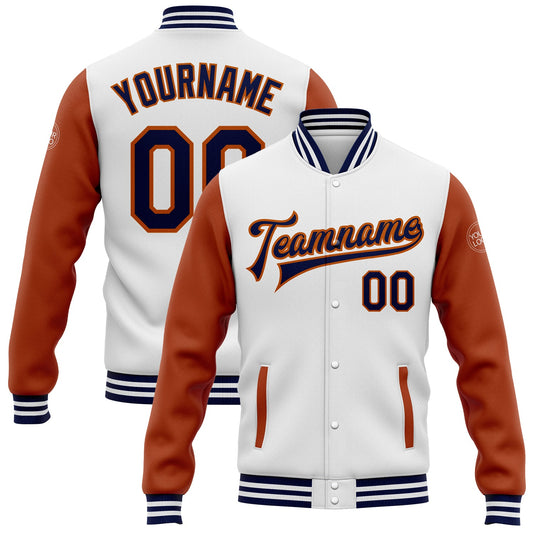 Custom White Navy-Texas Orange Bomber Full-Snap Varsity Letterman Two Tone Jacket - Main View