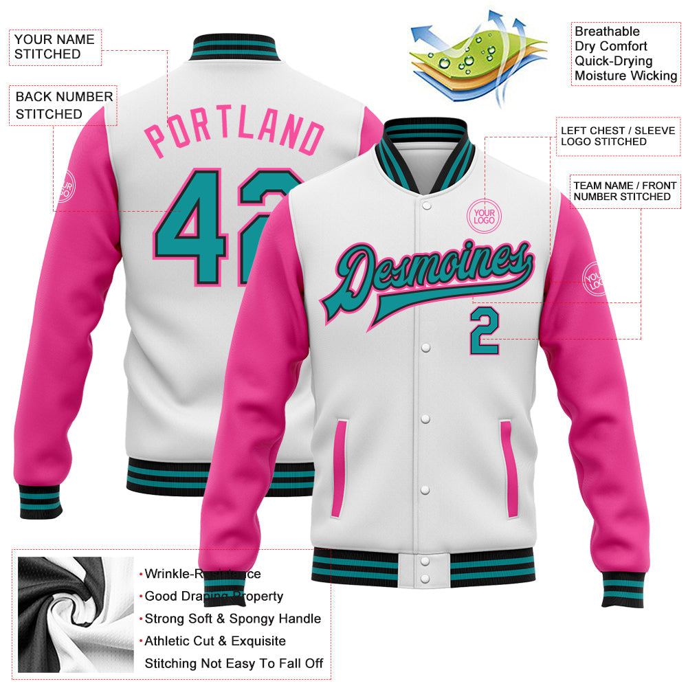 Custom White Teal Black-Pink Bomber Full-Snap Varsity Letterman Two Tone Jacket view 5