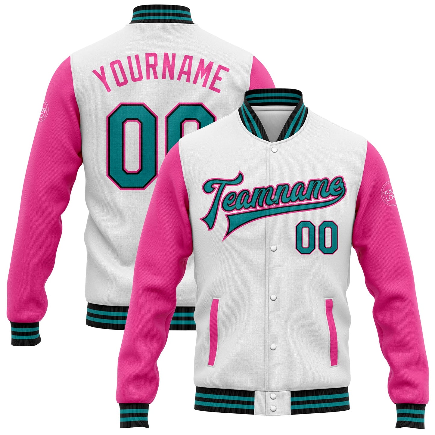 Custom White Teal Black-Pink Bomber Full-Snap Varsity Letterman Two Tone Jacket - Main View