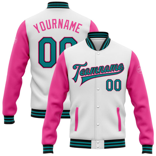 Custom White Teal Black-Pink Bomber Full-Snap Varsity Letterman Two Tone Jacket - Main View