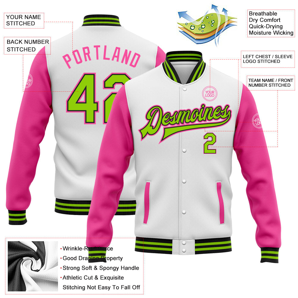 Custom White Neon Green Black-Pink Bomber Full-Snap Varsity Letterman Two Tone Jacket view 5