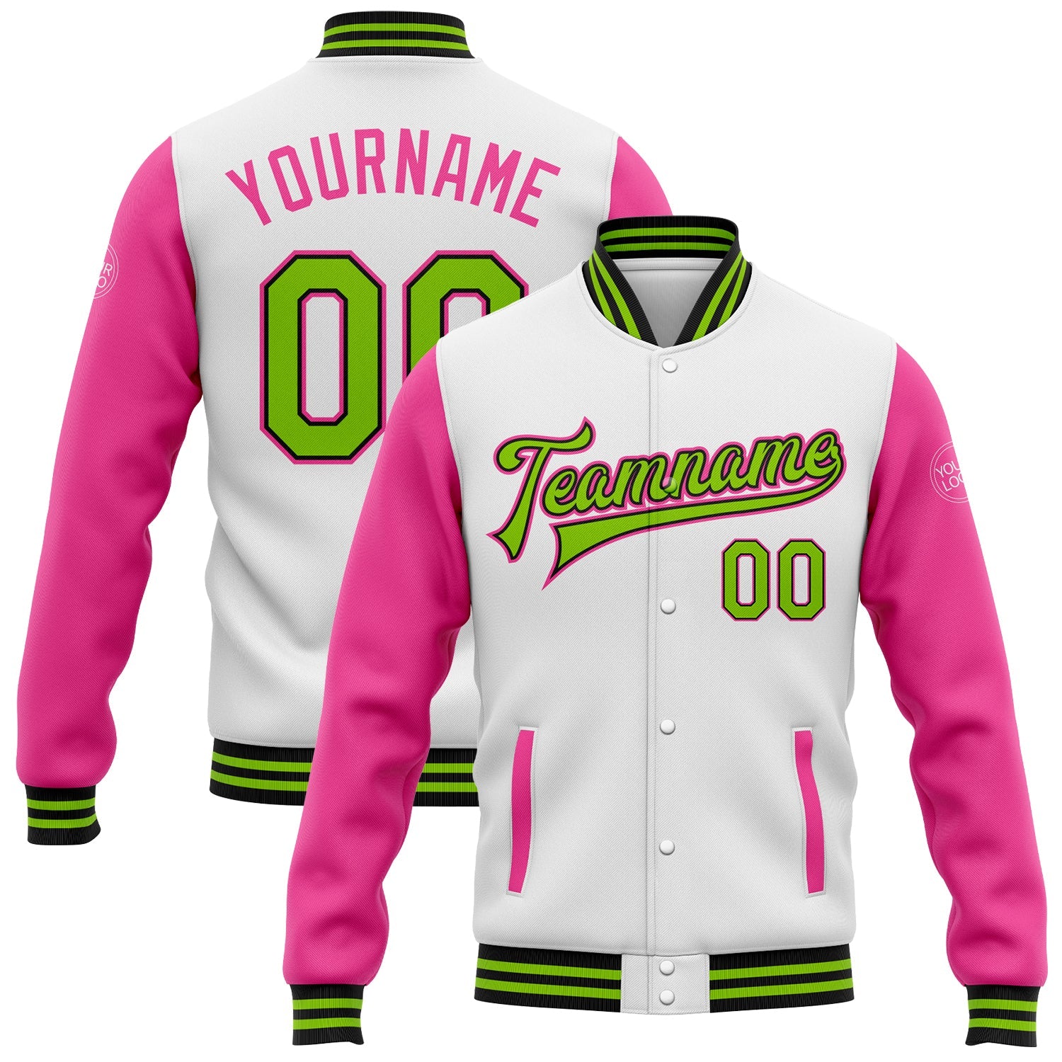 Custom White Neon Green Black-Pink Bomber Full-Snap Varsity Letterman Two Tone Jacket - Main View