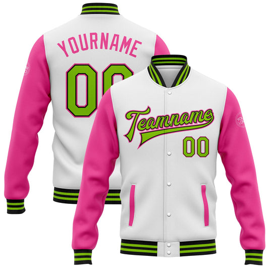 Custom White Neon Green Black-Pink Bomber Full-Snap Varsity Letterman Two Tone Jacket - Main View