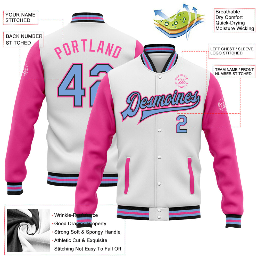 Custom White Light Blue Black-Pink Bomber Full-Snap Varsity Letterman Two Tone Jacket view 5