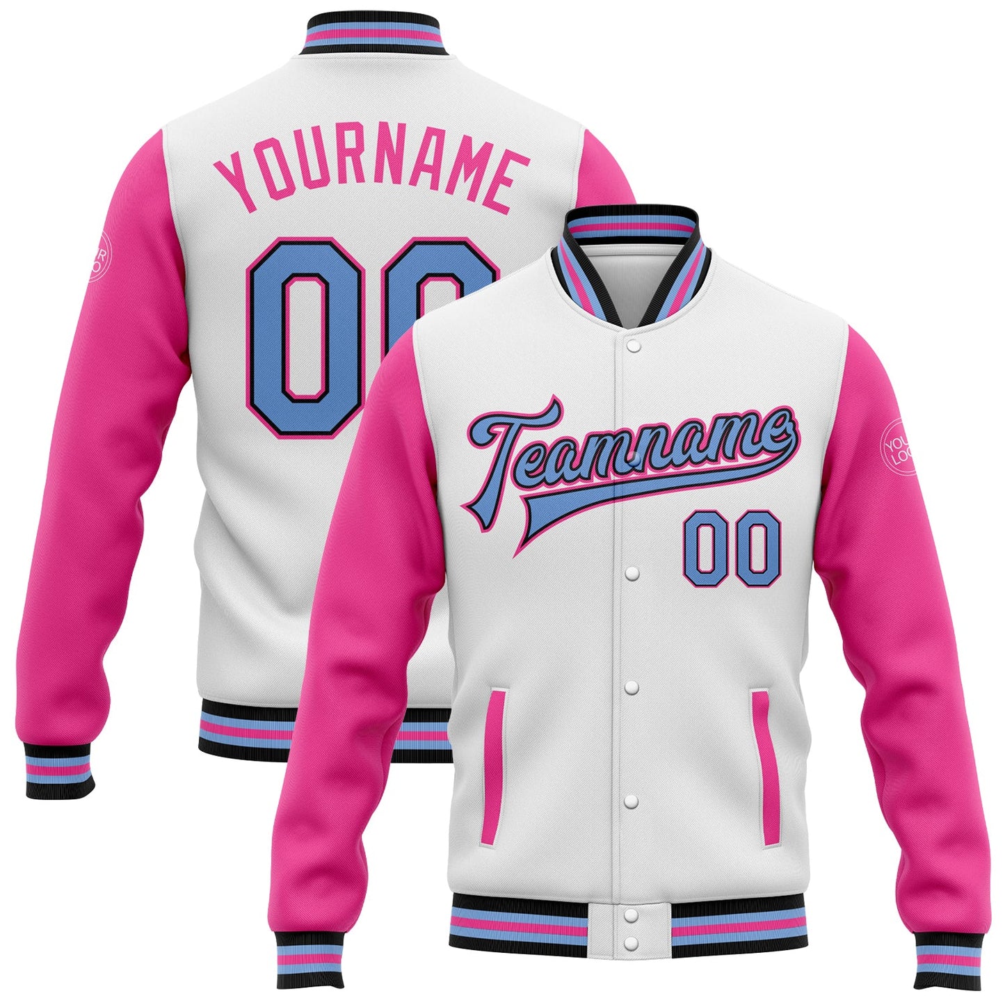 Custom White Light Blue Black-Pink Bomber Full-Snap Varsity Letterman Two Tone Jacket - Main View