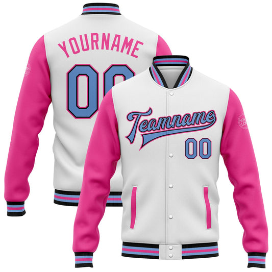 Custom White Light Blue Black-Pink Bomber Full-Snap Varsity Letterman Two Tone Jacket - Main View