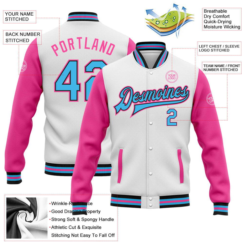 Custom White Sky Blue Black-Pink Bomber Full-Snap Varsity Letterman Two Tone Jacket view 5