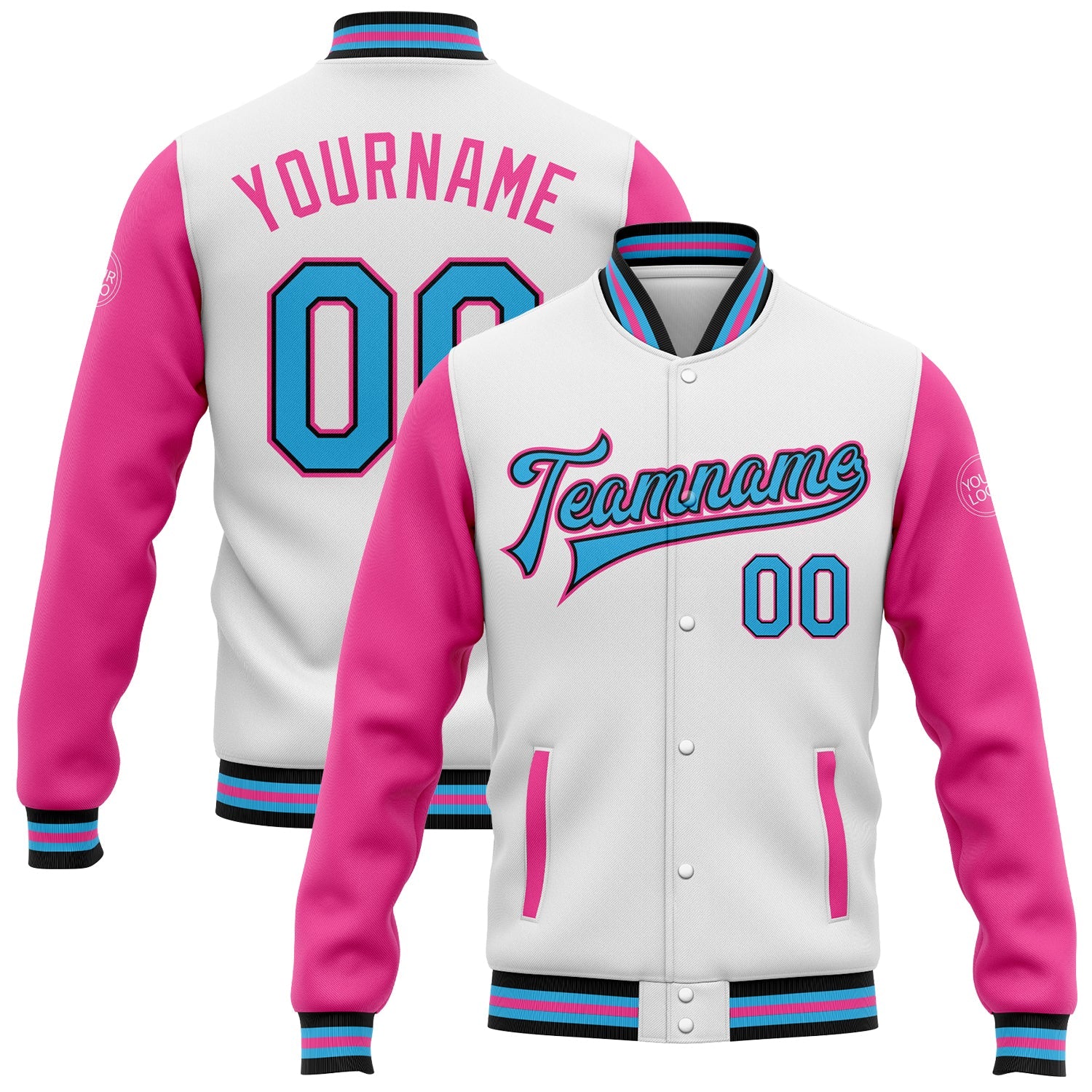 Custom White Sky Blue Black-Pink Bomber Full-Snap Varsity Letterman Two Tone Jacket - Main View