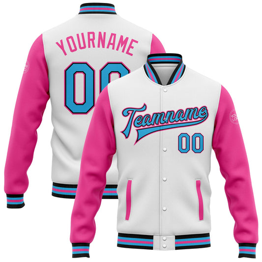 Custom White Sky Blue Black-Pink Bomber Full-Snap Varsity Letterman Two Tone Jacket - Main View