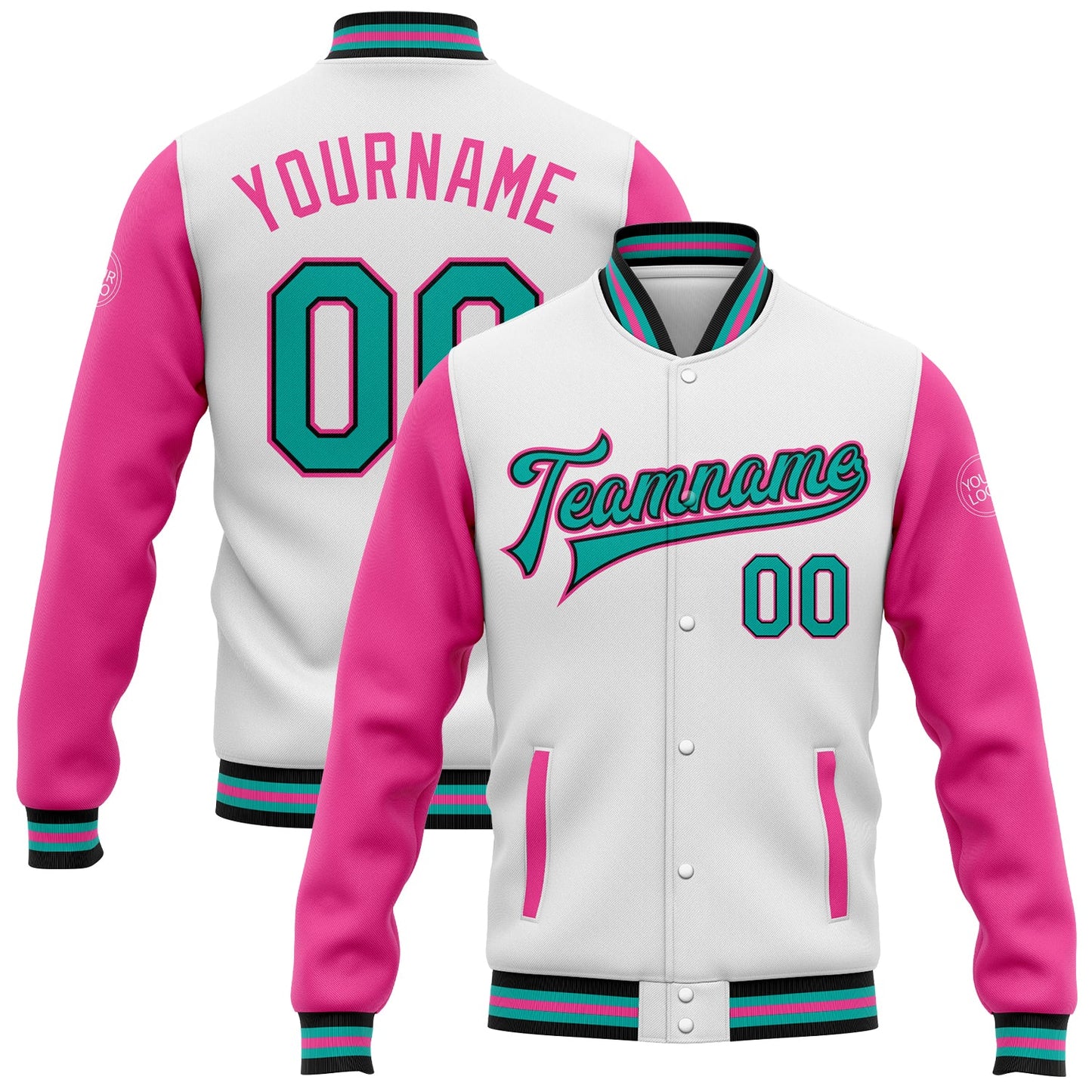 Custom White Aqua Black-Pink Bomber Full-Snap Varsity Letterman Two Tone Jacket - Main View