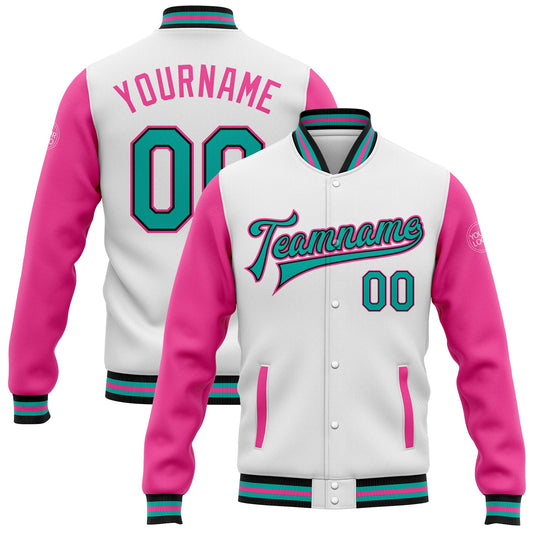 Custom White Aqua Black-Pink Bomber Full-Snap Varsity Letterman Two Tone Jacket - Main View