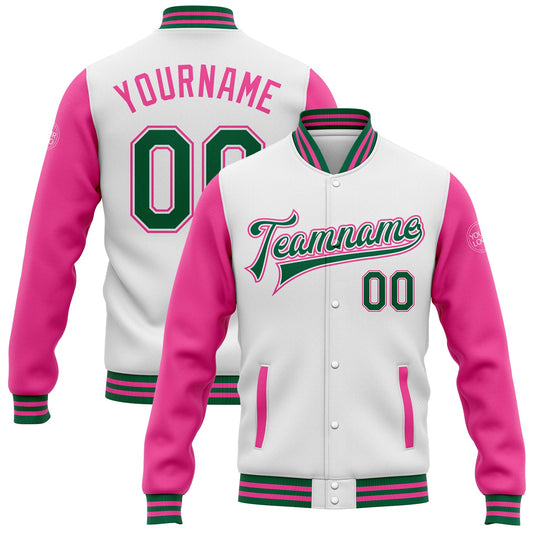 Custom White Kelly Green-Pink Bomber Full-Snap Varsity Letterman Two Tone Jacket - Main View