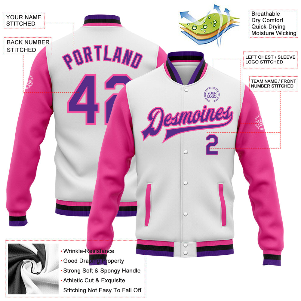 Custom White Purple Pink-Black Bomber Full-Snap Varsity Letterman Two Tone Jacket view 5