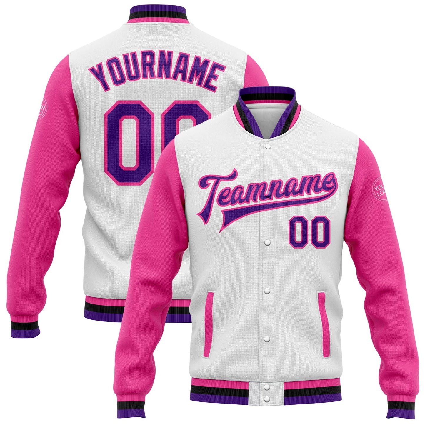 Custom White Purple Pink-Black Bomber Full-Snap Varsity Letterman Two Tone Jacket - Main View