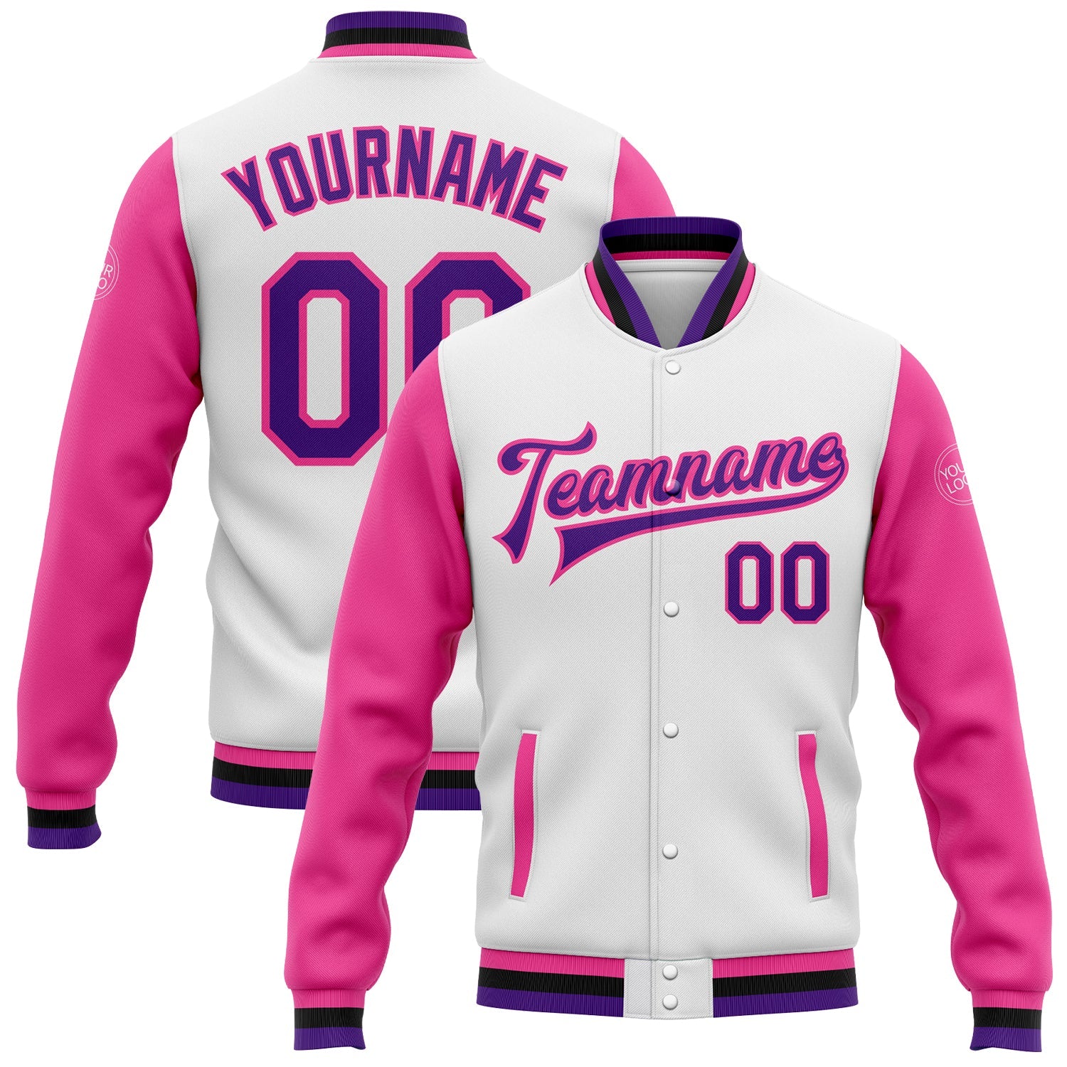 Custom White Purple Pink-Black Bomber Full-Snap Varsity Letterman Two Tone Jacket - Main View