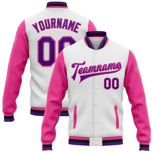 Custom White Purple Pink-Black Bomber Full-Snap Varsity Letterman Two Tone Jacket - Main View