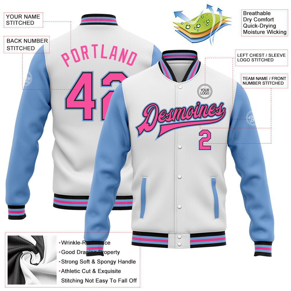 Custom White Pink Black-Light Blue Bomber Full-Snap Varsity Letterman Two Tone Jacket view 5