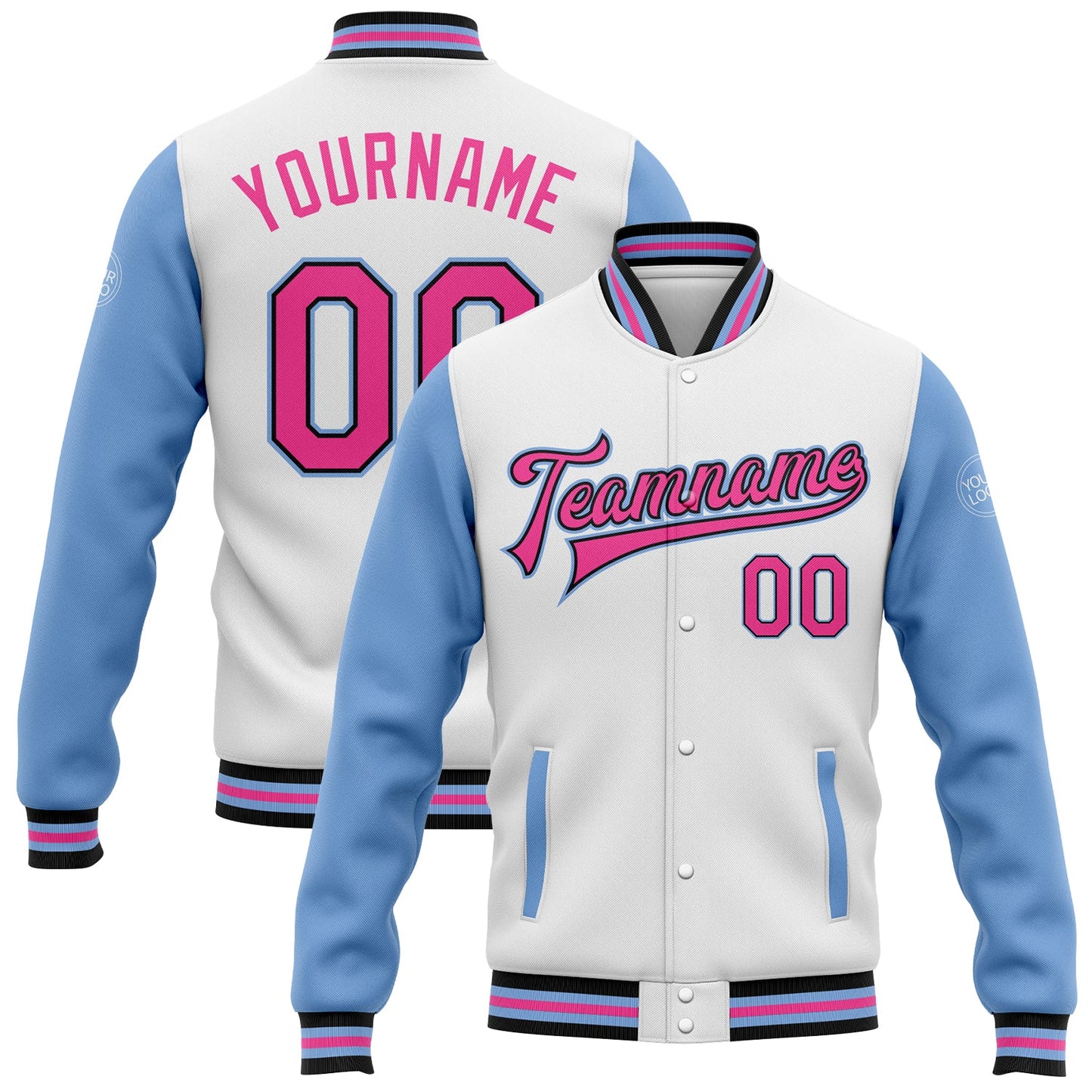 Custom White Pink Black-Light Blue Bomber Full-Snap Varsity Letterman Two Tone Jacket - Main View
