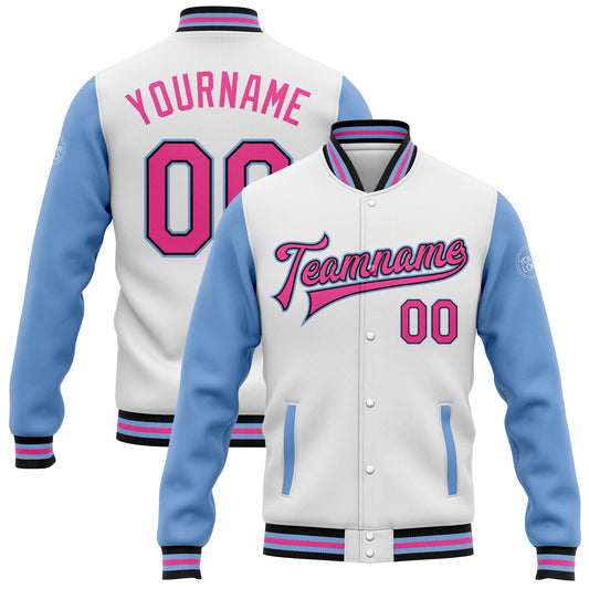 Custom White Pink Black-Light Blue Bomber Full-Snap Varsity Letterman Two Tone Jacket - Main View