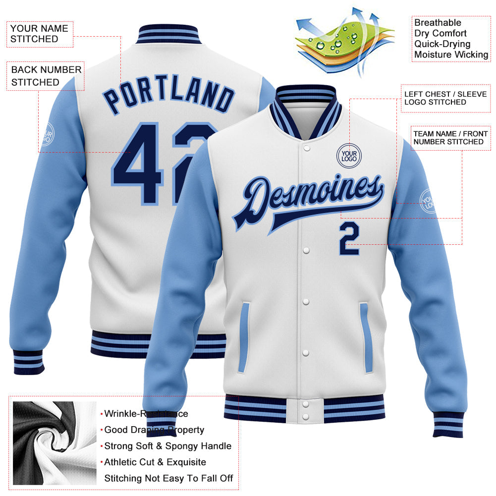 Custom White Navy-Light Blue Bomber Full-Snap Varsity Letterman Two Tone Jacket view 5