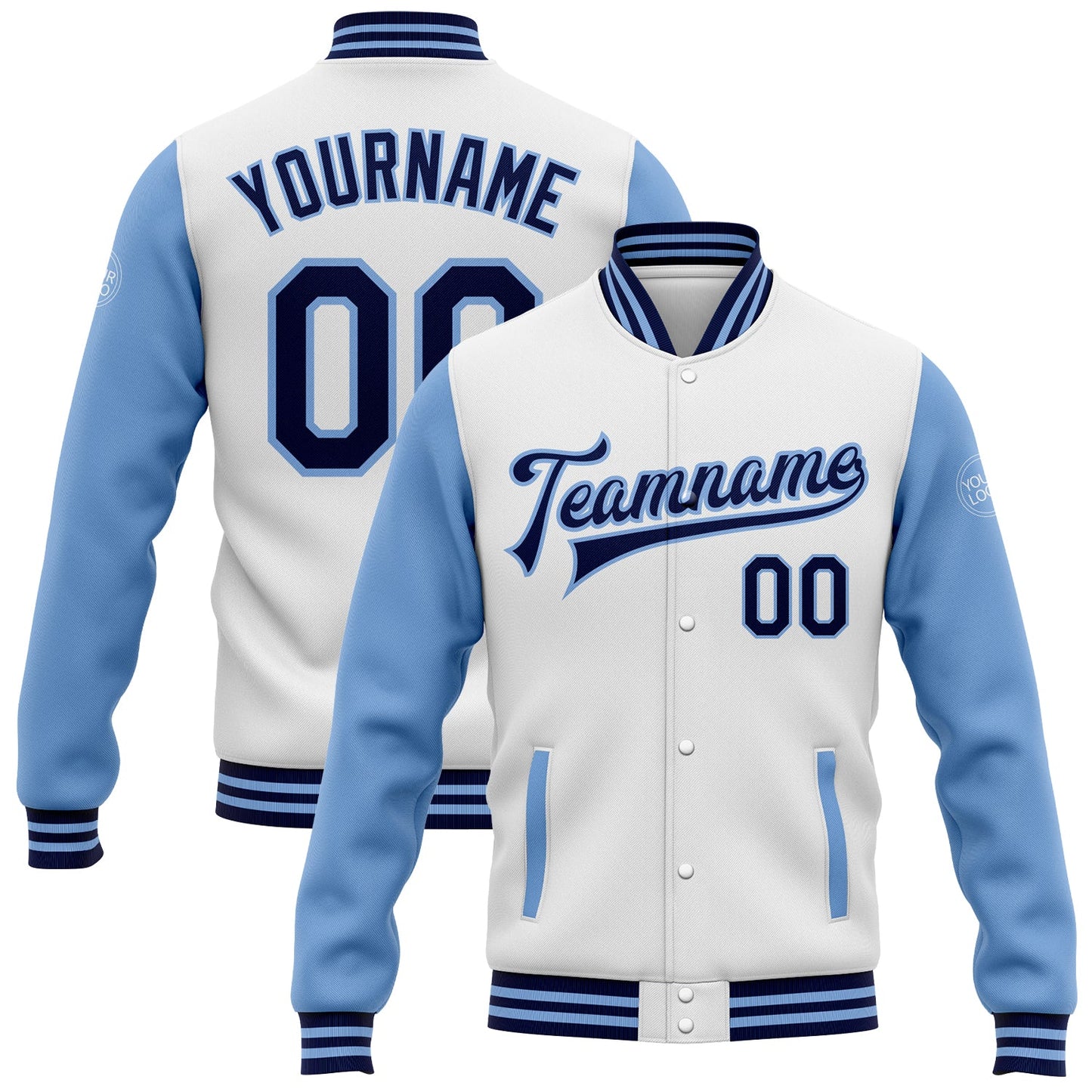 Custom White Navy-Light Blue Bomber Full-Snap Varsity Letterman Two Tone Jacket - Main View