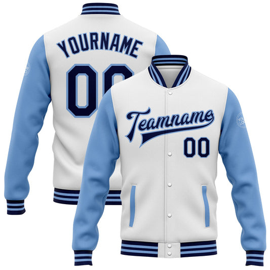 Custom White Navy-Light Blue Bomber Full-Snap Varsity Letterman Two Tone Jacket - Main View