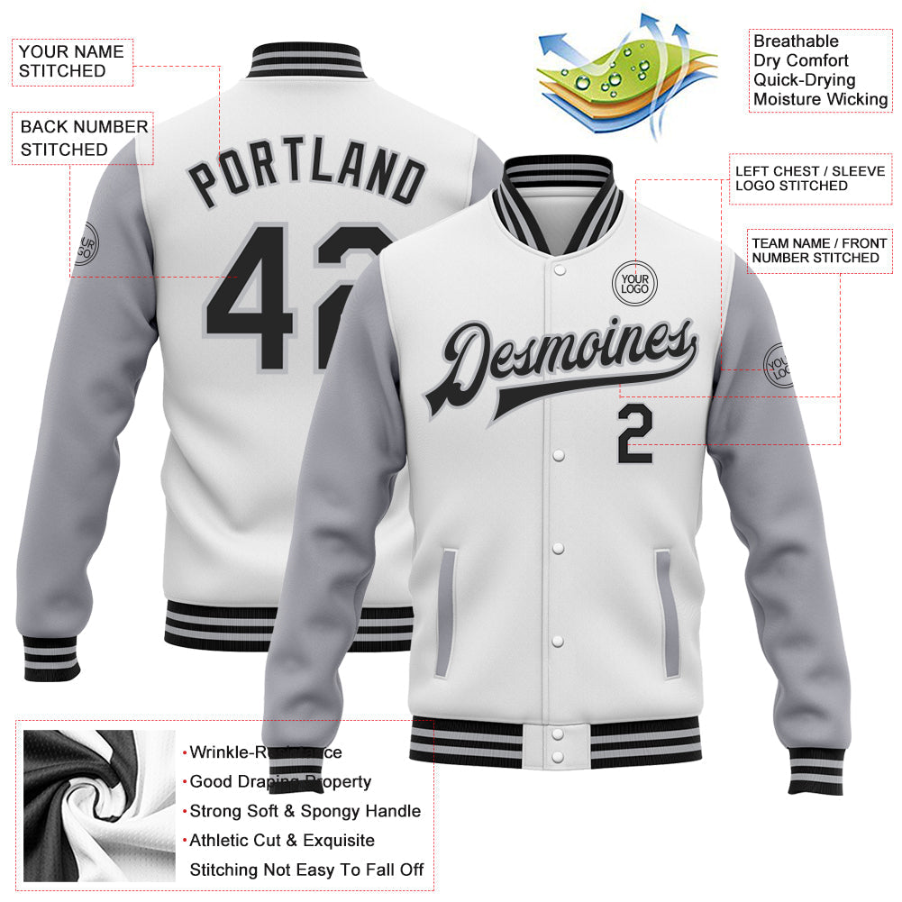 Custom White Black-Gray Bomber Full-Snap Varsity Letterman Two Tone Jacket view 5