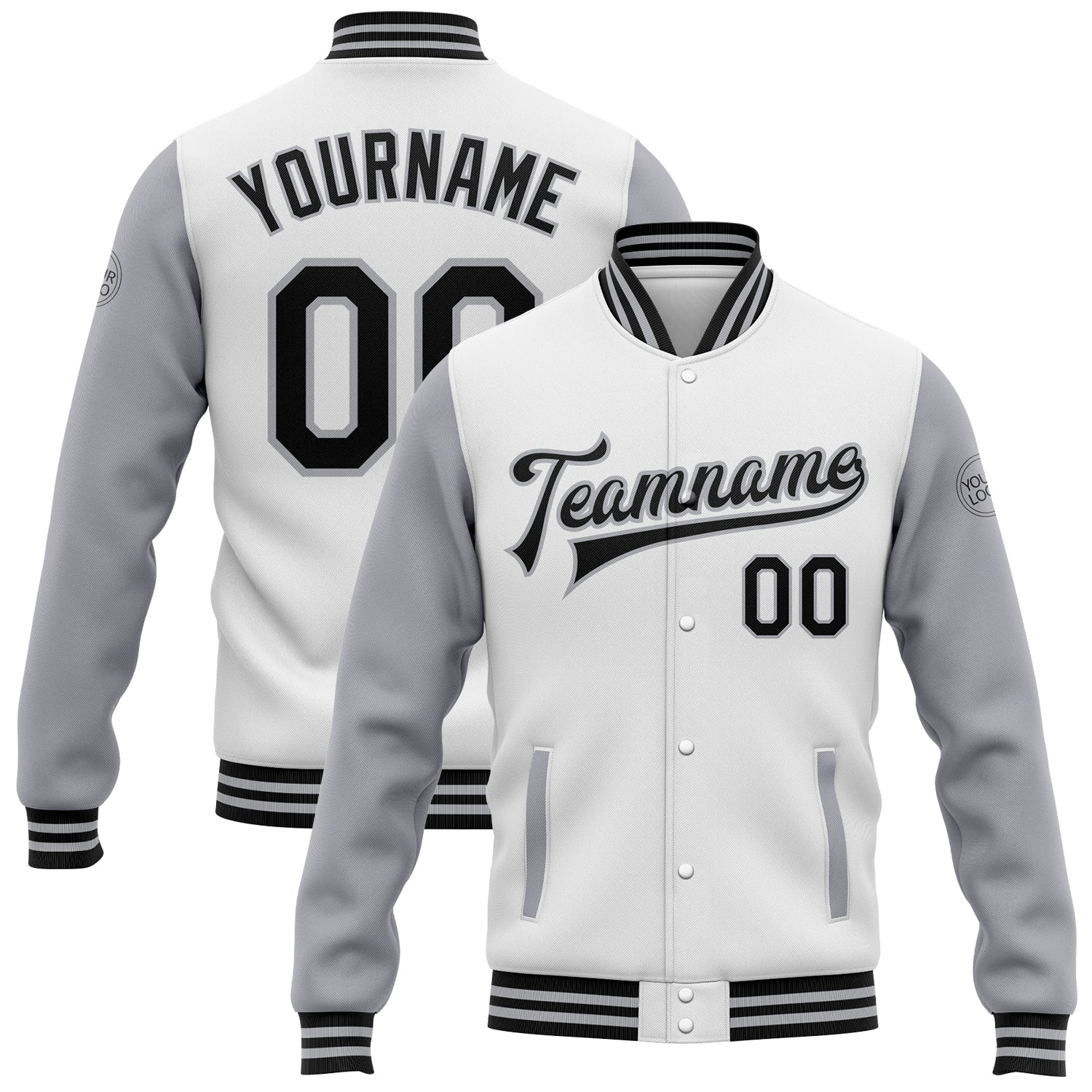 Custom White Black-Gray Bomber Full-Snap Varsity Letterman Two Tone Jacket - Main View