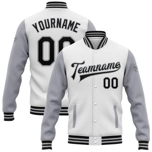 Custom White Black-Gray Bomber Full-Snap Varsity Letterman Two Tone Jacket - Main View